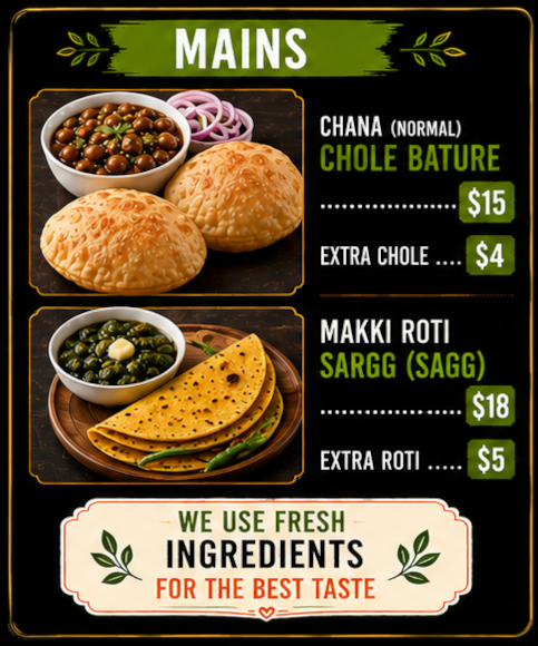 Indian mains menu — Chana Chole Bature and Makki Roti Sargg (sagg)
