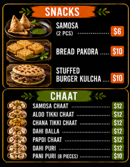 Indian snacks chaat menu — samosas and pakoras